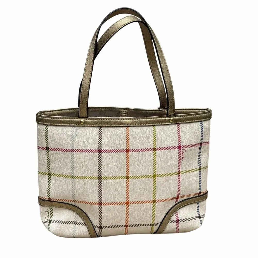 Coach Peyton Small Tattersall Plaid Tote Coated Canvas Leather Trim F48586